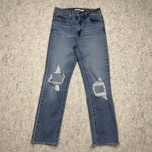 Levis 724 High Rise Straight Crop Distressed Raw Hem Jeans Size 26